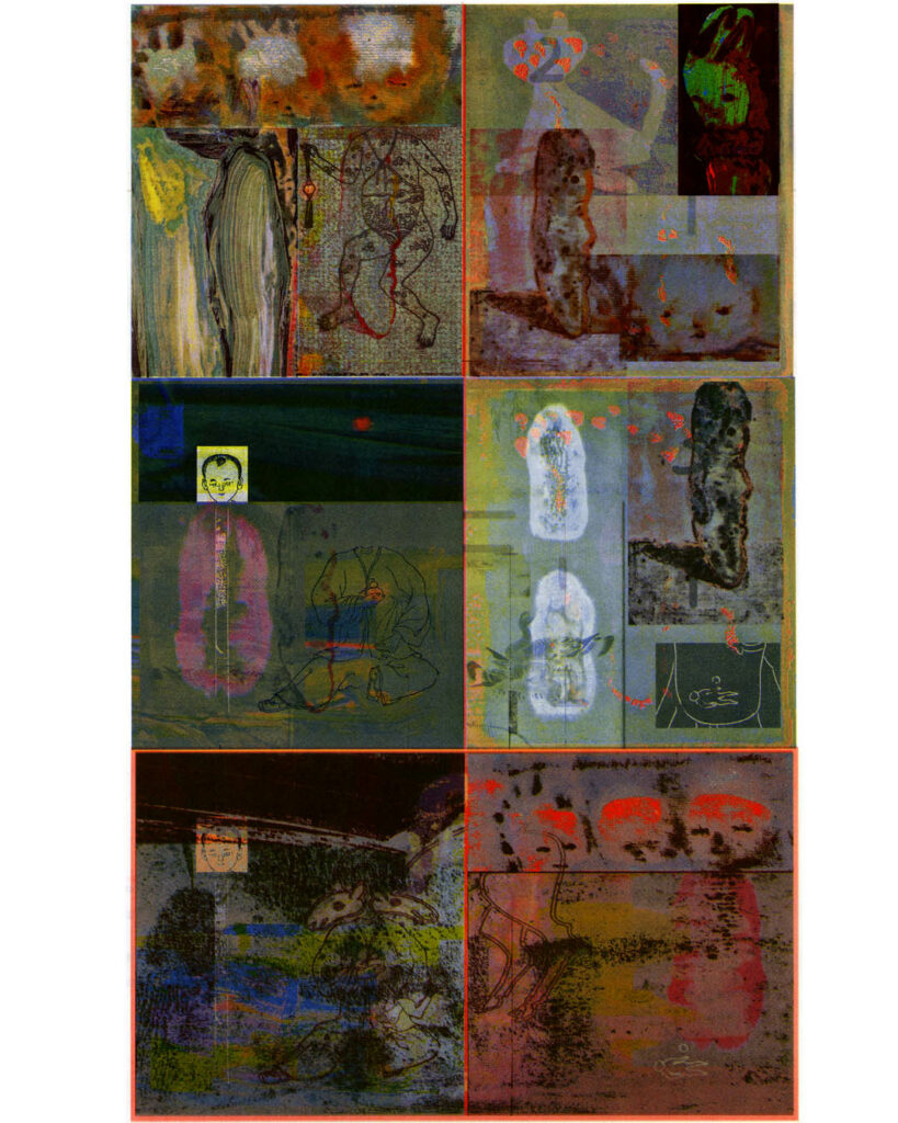 Abstract print in black, green, orange, fluorescent pink, blue, and yellow ochre showing drawings of figures and heads floating in cloudy backgrounds