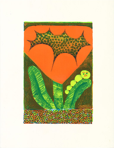 Riso printed illustration of a lime caterpillar on a red flower in a childlike, playfully exaggerated style.