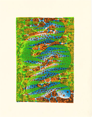 Riso printed illustration of a blue and red snake with green striations on top in childlike, playfully exaggerated style.