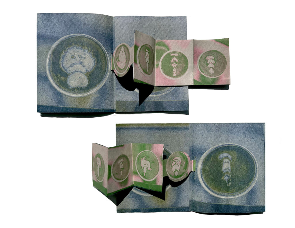 Multiple views and arrangements of a Grey, green, blue and pink artist book folding out into a spread featuring a smaller book bound in the middle