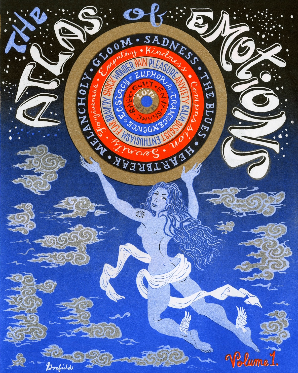 Cover of Josh Gosfield's zine "The Atlas of Emotions" printed in blue, black and orange. A naked woman with long wavy hair holds up concentric circles, amidst stars and clouds.