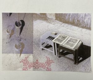 Superimposed photographs of potted plants, benches with materials for henna on them printed in pruple and gold with red dotted line designs on top.