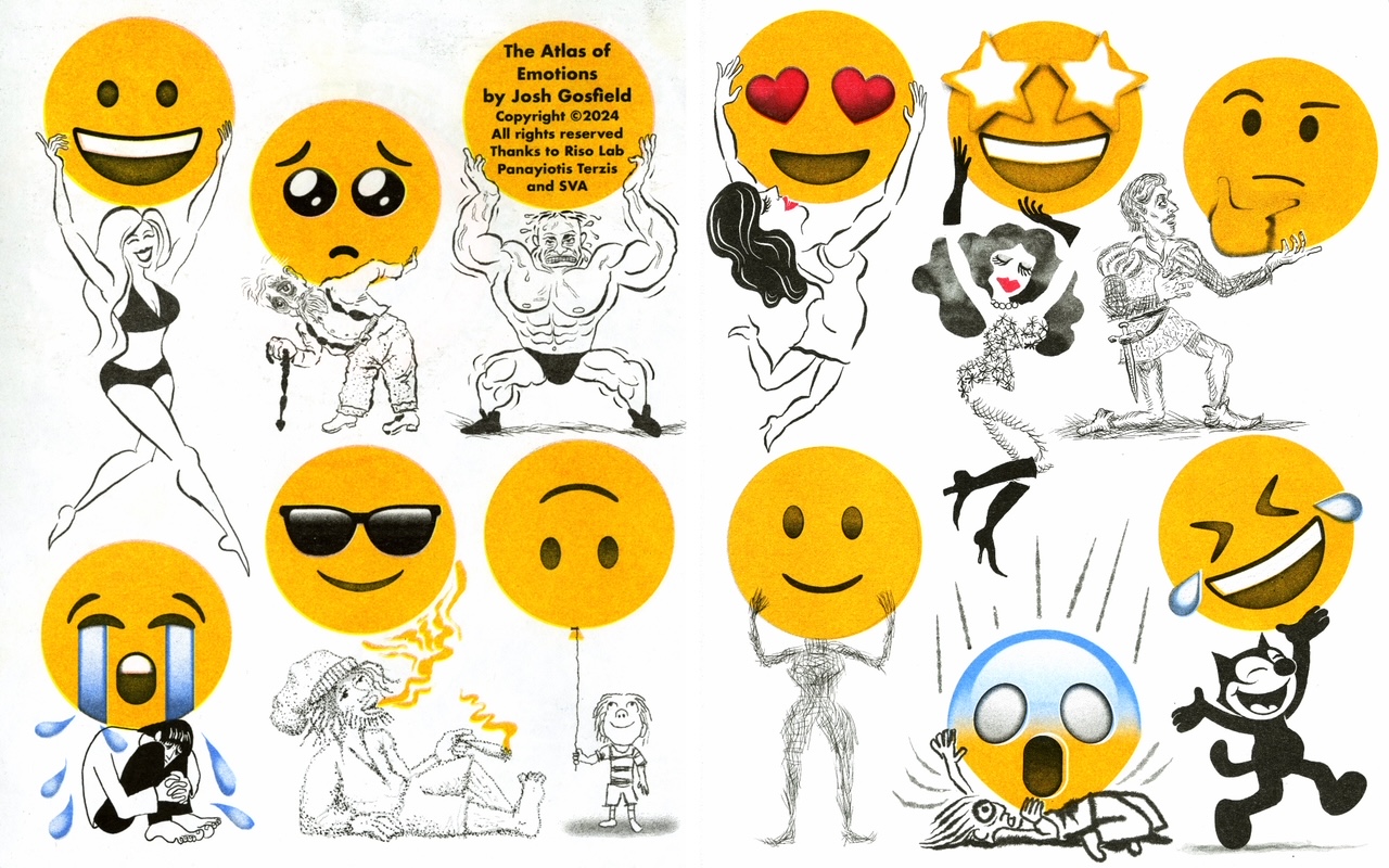 Print of various diverse figures and cartoons drawn in a variety of styles, holding up smiley face emoticons, each one embodying the emotion of the emoticon they hold.