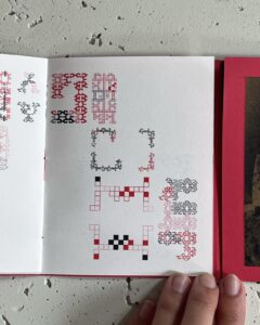 Close up of Sarah Hakani Zarina's publication, an accordion book with a red cover containing two single pamphlets, one side with black and red geometric abstractions printed on white paper.