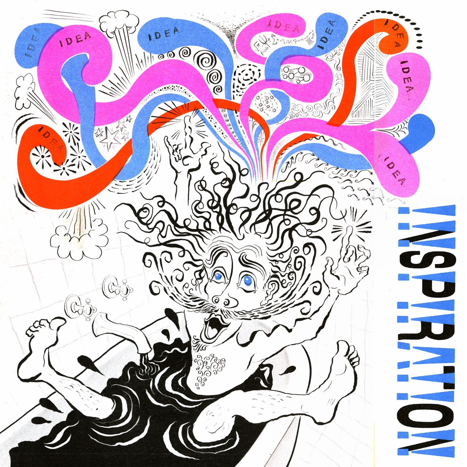 Riso printed illustration of a man in a bathtub of black water with his legs and arms splayed, long hair and mustache flowing in long, wacky exaggerated lines, colorful shapes, bubbles and stars emerging from his hair. The text reads "inspiration" along the right side, with the bubbles sayng 'ideas.'