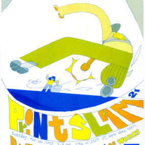 Riso printed poster for Print Slam 21, featuring a dynamic skateboarder