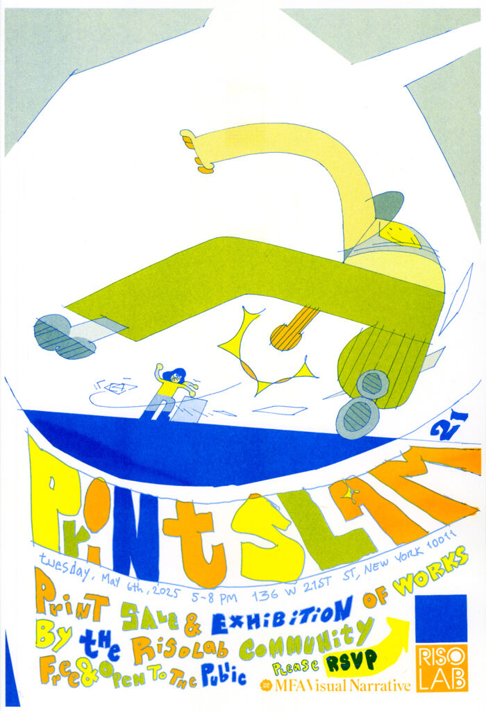 Riso printed poster for Print Slam 21, featuring a dynamic skateboarder
