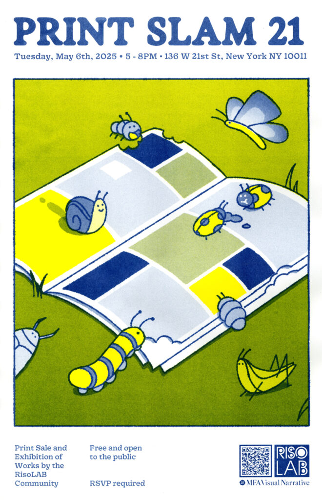 Riso printed poster for Print Slam 21, featuring various bugs eating a comic book, printed in yellow and federal blue. 