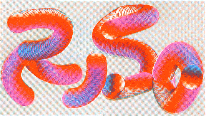 Riso text created by large cylinder tubes, in bright orange, pink and blue, animated and wiggling around.