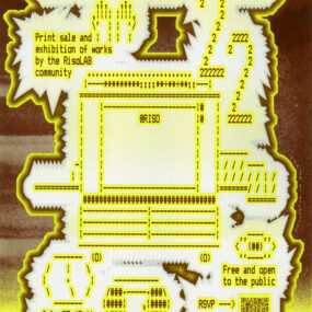 Poster for Print Slam 22 by Artist in Residence, A Liang Chan, designed in a multitude of keyboard characters to create a risograph, printed in brown, light lime and mist.