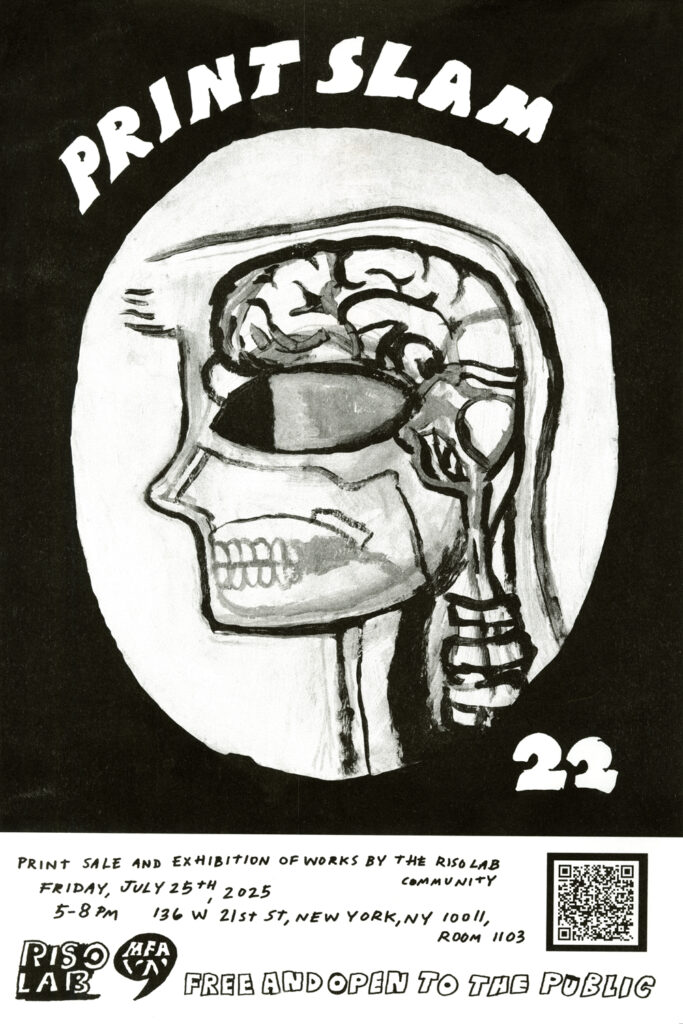 Poster for Print Slam 22 by Artist in Residence, Jean Doran, showing a painting of a head facing left, cut in half so the brain is showing, printed in black.