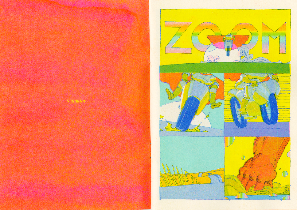 Cover of Emil's comic, ZOOM, printed in CMYK with bright colors showing a cyclist riding through a bright desert landscape.