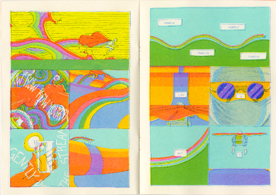 Cover of Emil's comic, ZOOM, printed in CMYK with bright colors showing a cyclist riding through a bright desert landscape.
