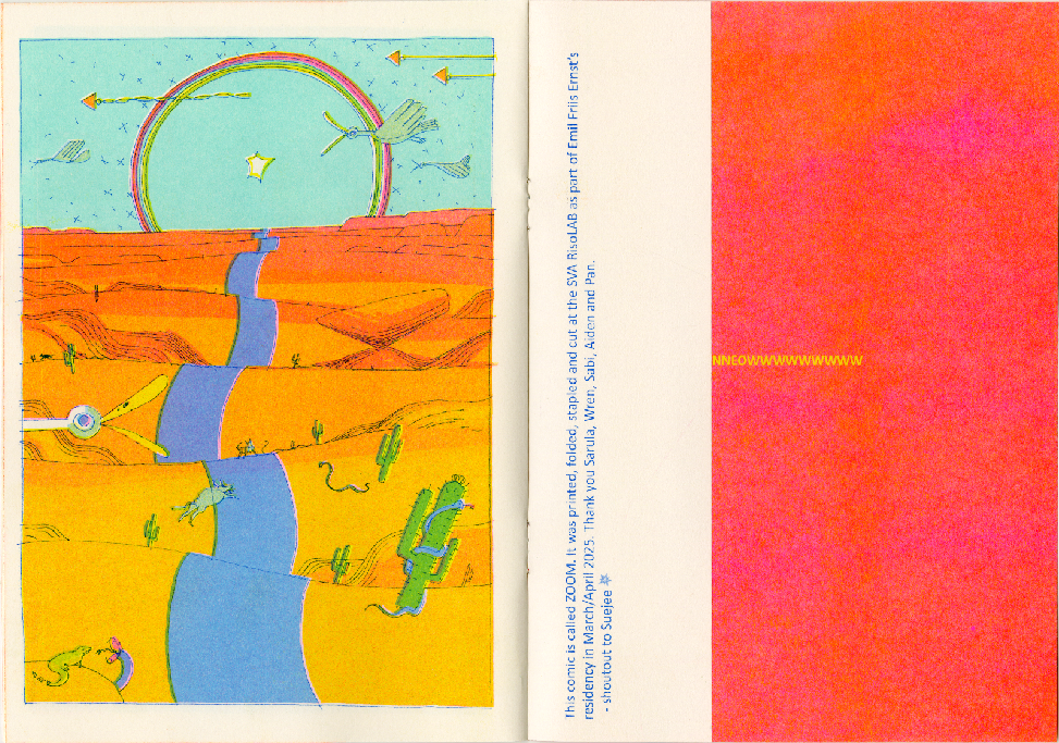 Interior of Emil's comic, ZOOM, printed in CMYK, a lone motorcyclist flies into the sky in a desert, into a rainbow.