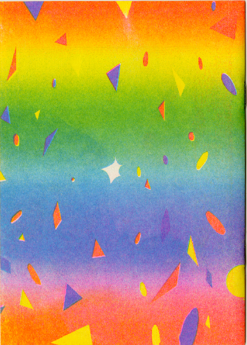 Back cover of Emil's comic, ZOOM, printed in CMYK with a bright rainbow gradient.