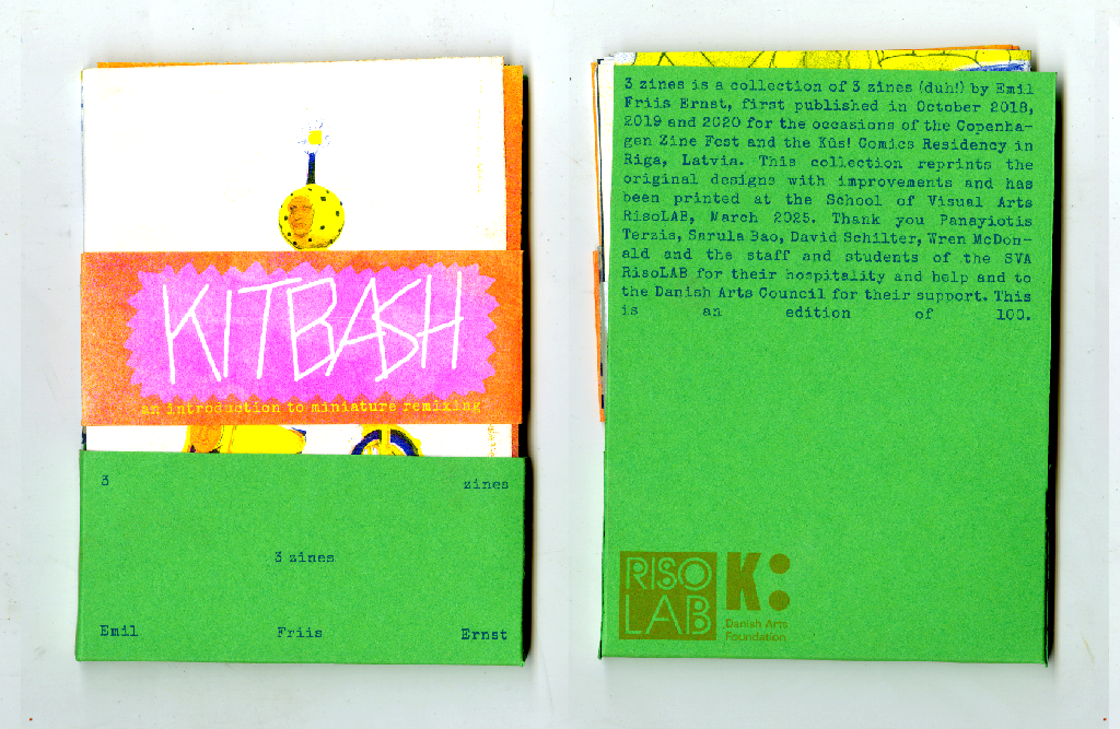 A set of three single sheet zines, with a green jacket to hold them together. 