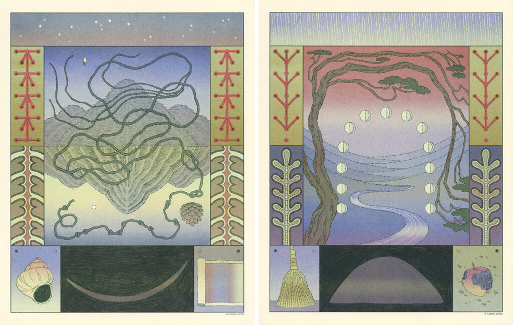 Four color riso prints featuring abstracted frames, symbols, plants, landscapes. 