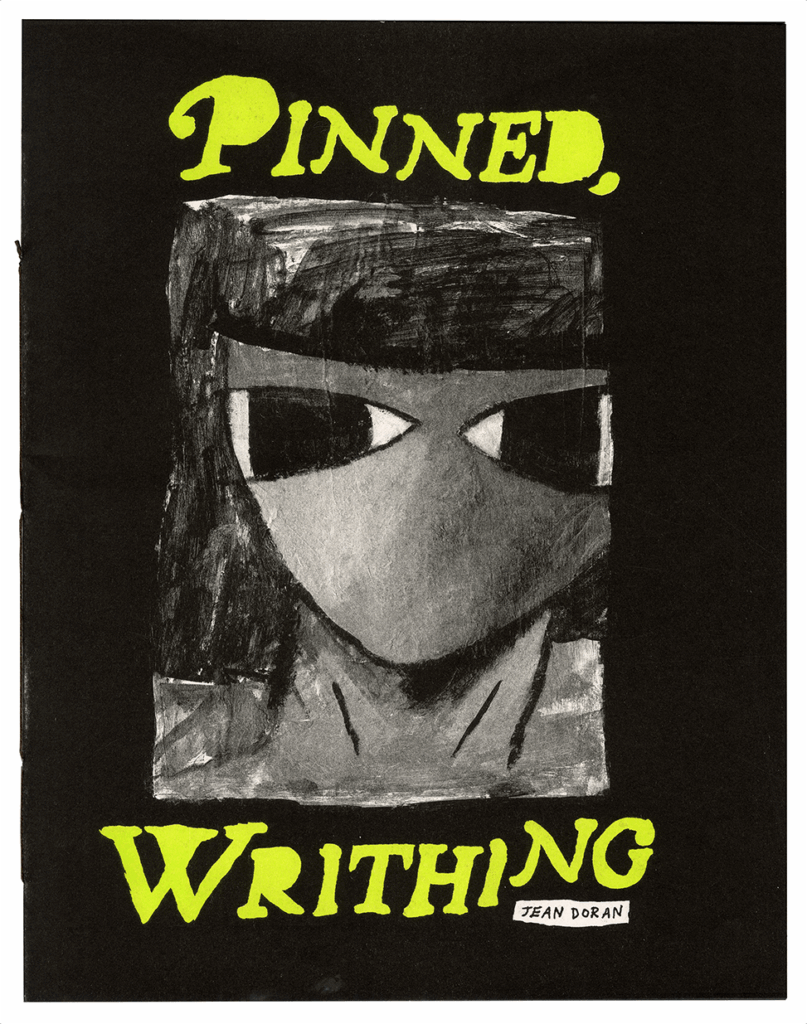 Cover of Pinned, Writing, showing a face with large eyes drawn in rough charcoal. 