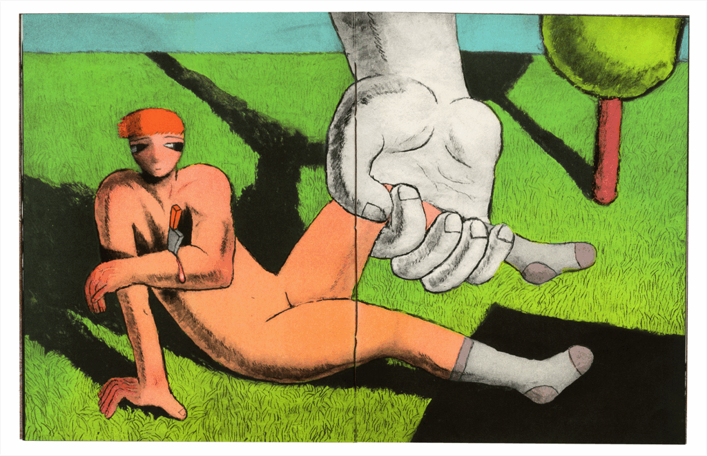 Double page spread from Pinned, Writhing, showing a mostly nude figure with one leg being held by a large white hand. The figure has a knife stabbed in their arm. 