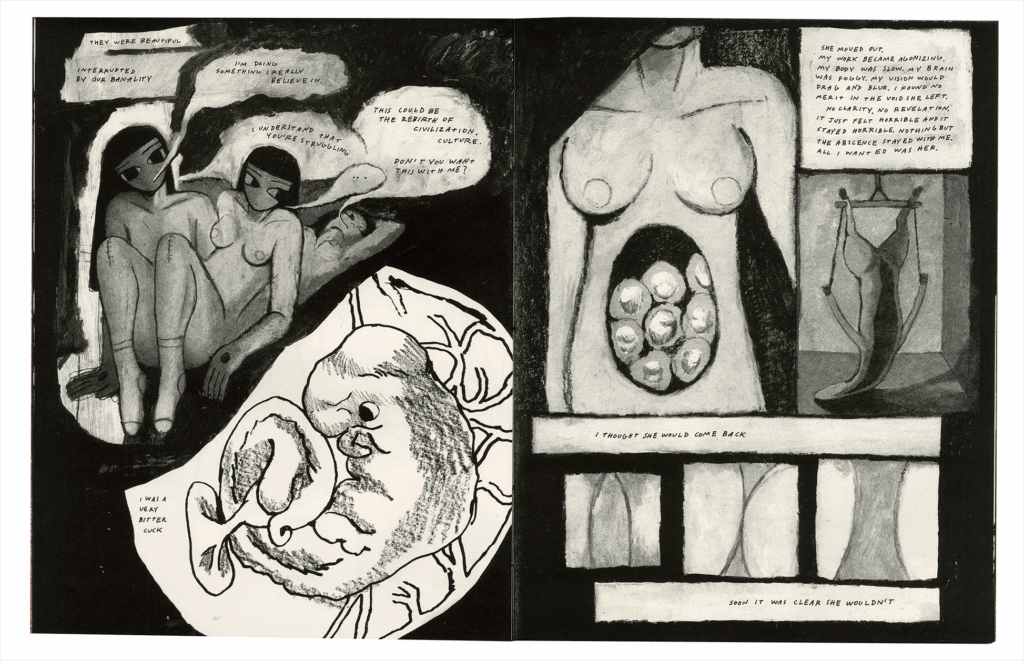 Spread of comic images made in black and white, showing nude figures with breasts and growing fetuses in their abdomen. 