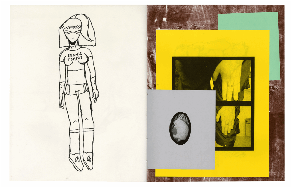A spread showing a drawing of a figure wearing a crop top and shorts on the left, and a collage of photos and pages on the right. 