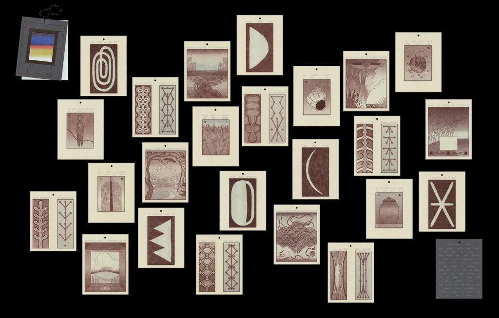 An assortment of A's prints printed in brown and mist featuring various abstracted designs and landscapes. 
