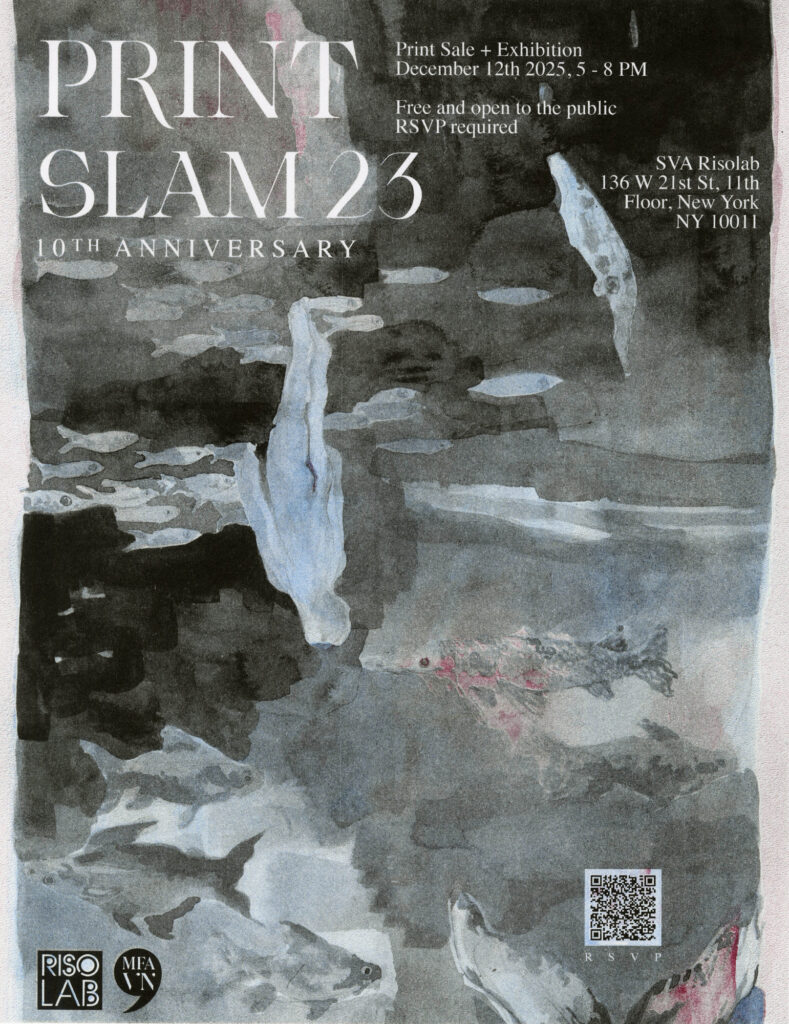 Poster for Print Slam 23, showing a figure descending in the ocean amongst coral and sea creatures, in a muted black, gray and blue palette. 