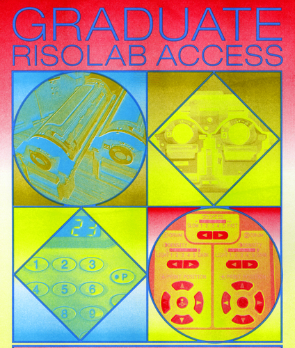 A graphic poster design with duotone images of details of the Risograph duplicator in vibrant colors in geometric shapes