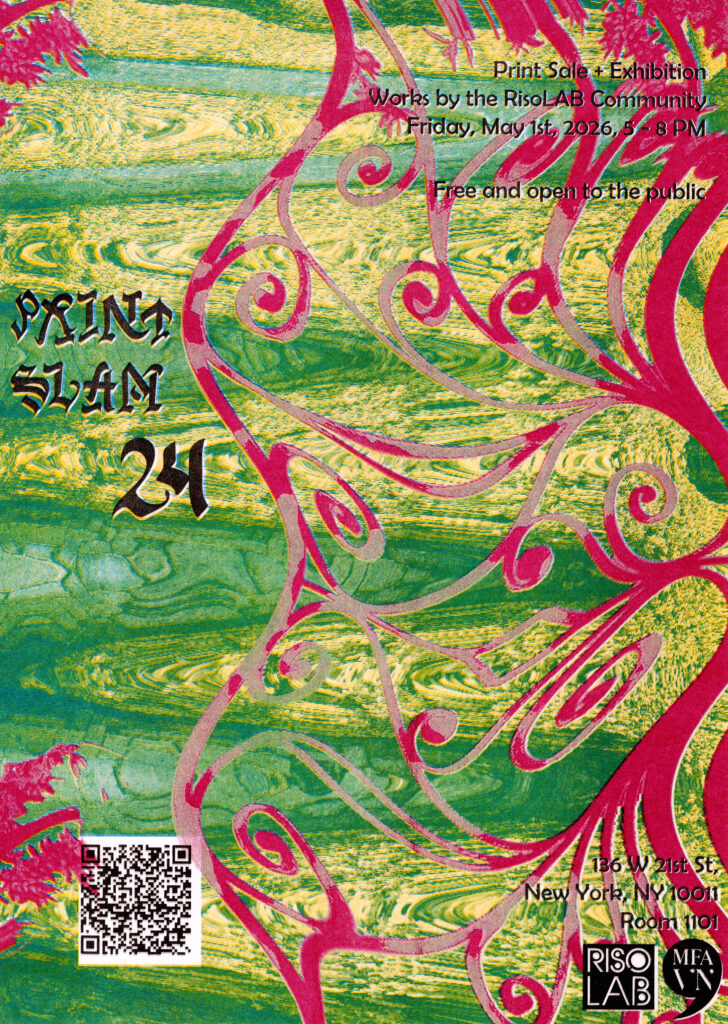 Print Slam poster showing wavy distorted abstracted shapes in green, yellow and red.