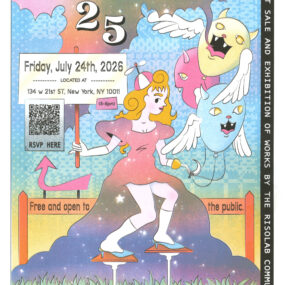 Poster for Print Slam 25, colorful poster of a girl with blonde hair in a starry dress with clouds and sparkles behind her.