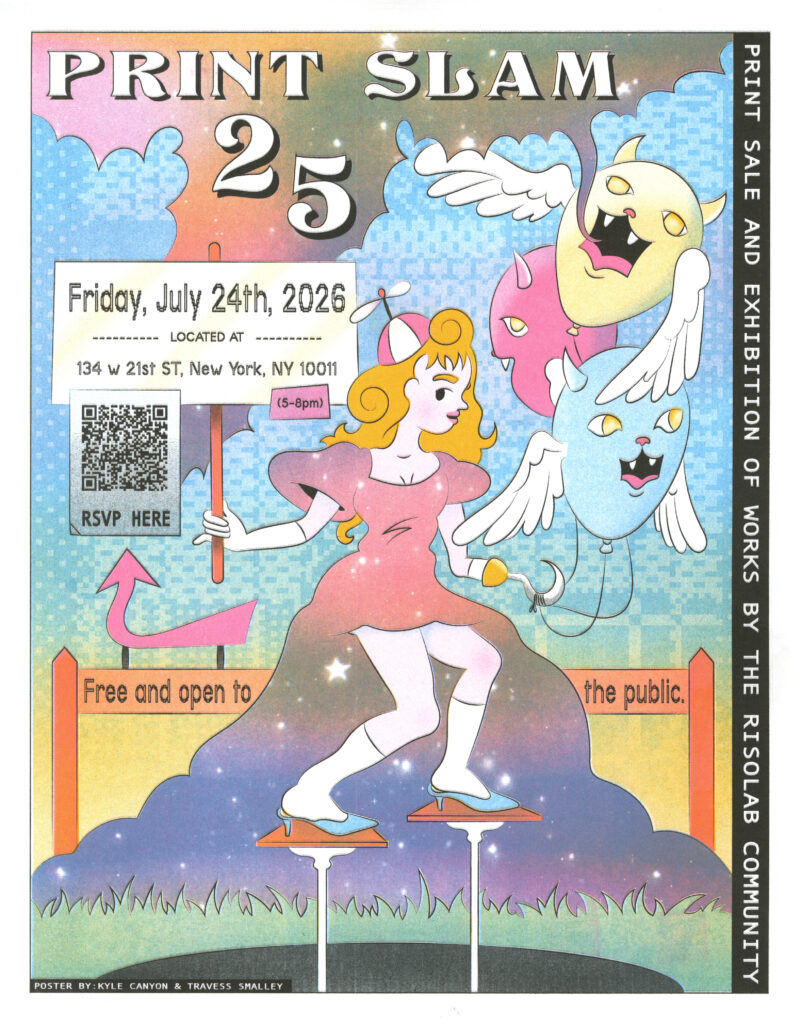 Poster for Print Slam 25, colorful poster of a girl with blonde hair in a starry dress with clouds and sparkles behind her.