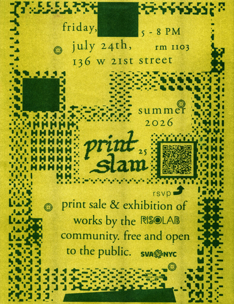 Poster for Print Slam 25, text and patterns printed in hunter green against an olive background. 