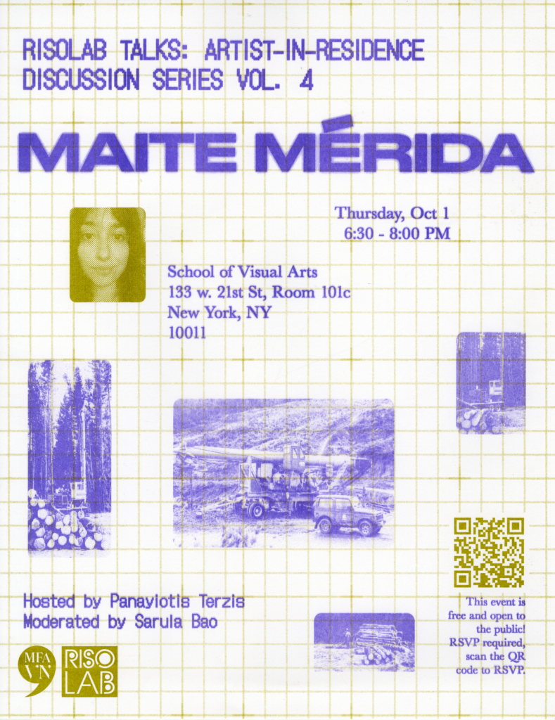 Poster for Maite's talk printed in purple and bright olive green. 