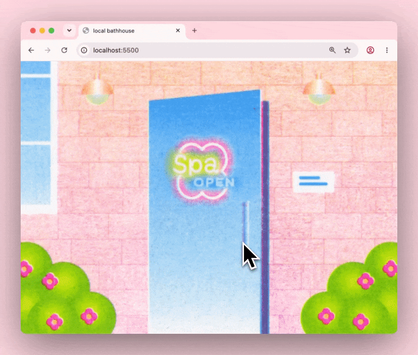 Gif of a Spa door opening and leading you into a space with a cursor. Riso printed in bright pastels.