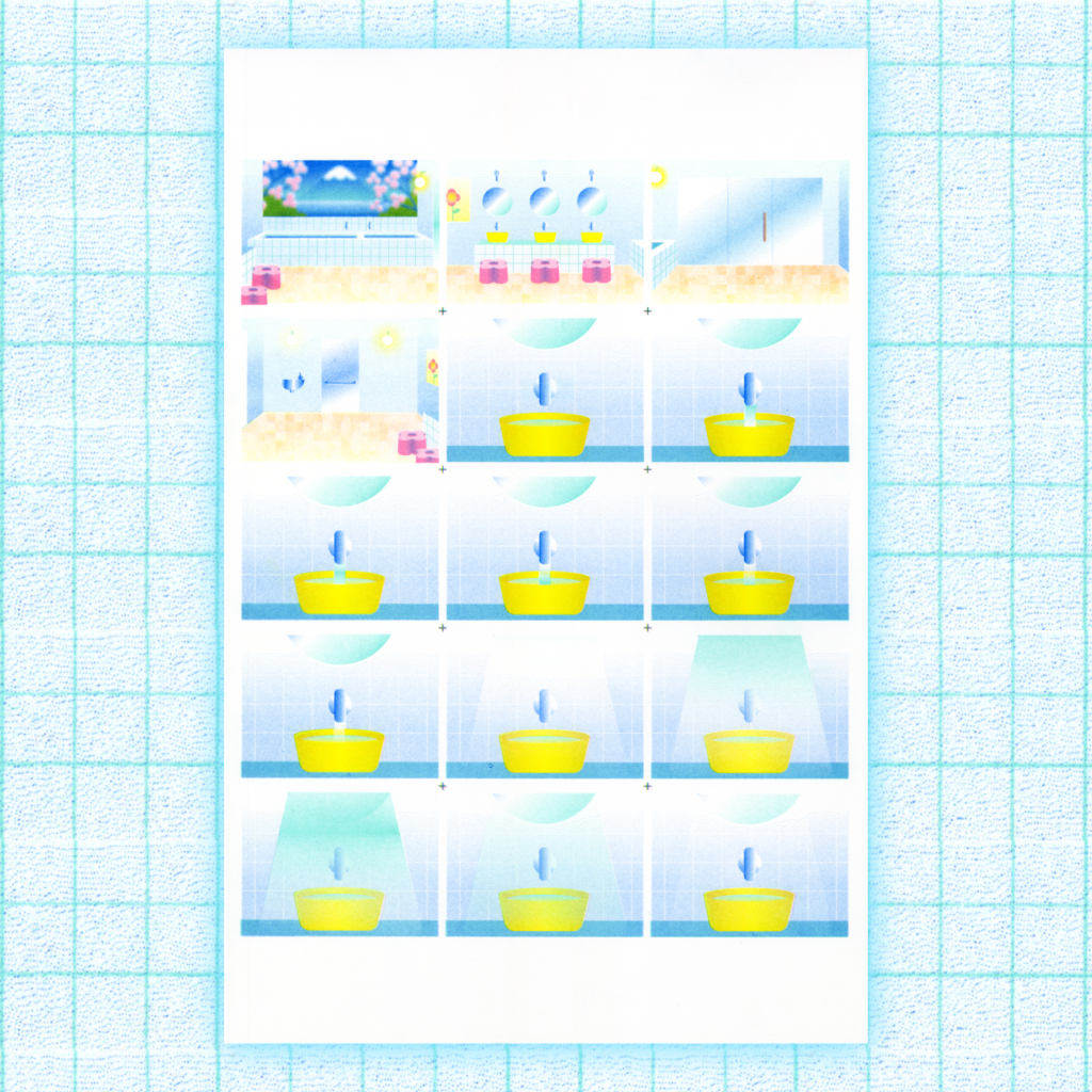 Image of the printed stills of a riso game set at a bathhouse.
