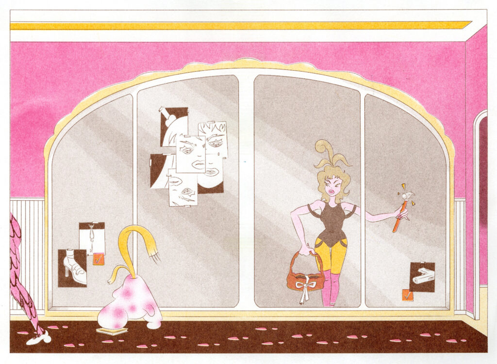 Spread from Gauche Neapolitain Girl, featuring a queen diva, printed in bubblegum pink, brown and sunflower. 