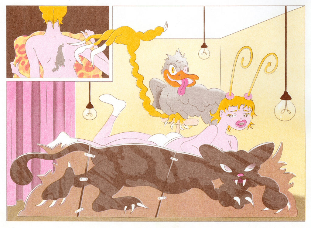 Spread from Gauche Neapolitain Girl, featuring a queen diva, printed in bubblegum pink, brown and sunflower. 