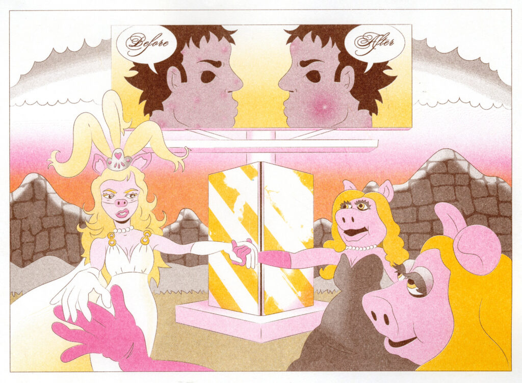 Spread from Gauche Neapolitain Girl, featuring a queen diva, printed in bubblegum pink, brown and sunflower. 