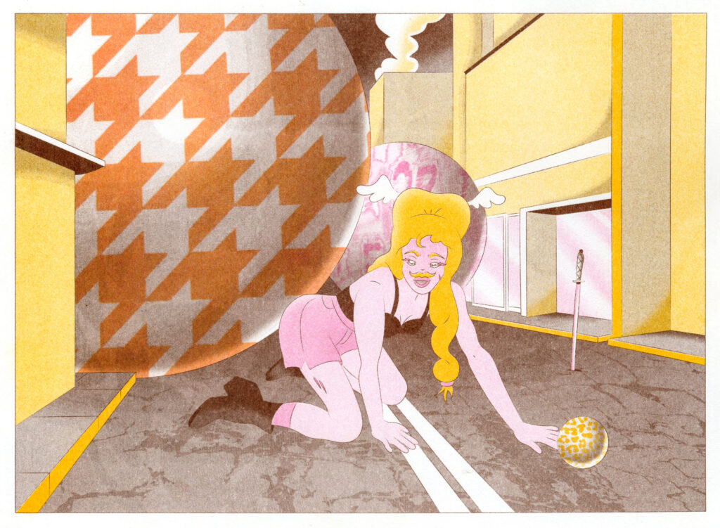 Spread from Gauche Neapolitain Girl, featuring a queen diva, printed in bubblegum pink, brown and sunflower. 