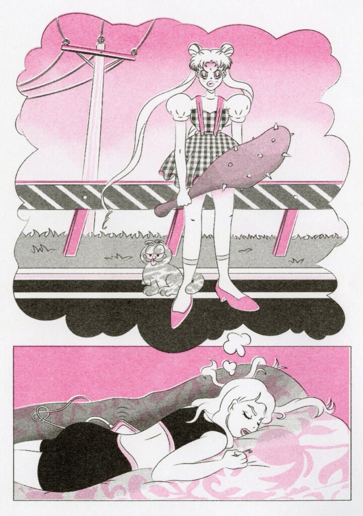 Spread from Gauche Neapolitain Girl, featuring a queen diva, printed in bubblegum pink, and black.