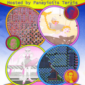 Egg shaped graphic containers depicting artwork by Kyle Canyon and Travess Smalley; Smalley, Canyon, and Panayiotis Terzis depicted in duotones rendered in vivid Risograph colors