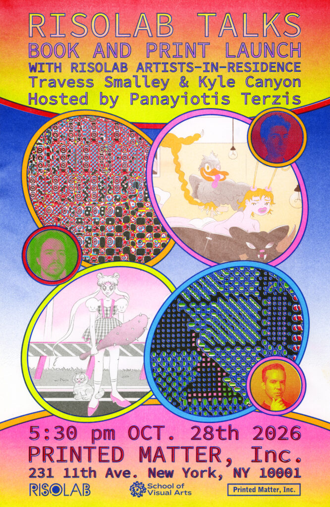 Egg shaped graphic containers depicting artwork by Kyle Canyon and Travess Smalley; Smalley, Canyon, and Panayiotis Terzis depicted in duotones rendered in vivid Risograph colors